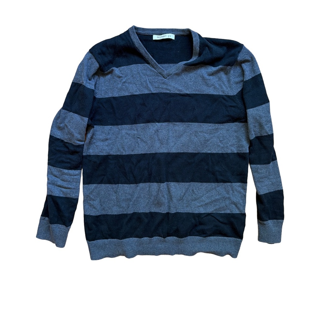 Vintage Men's Striped V-Neck Sweater - Black and Gray